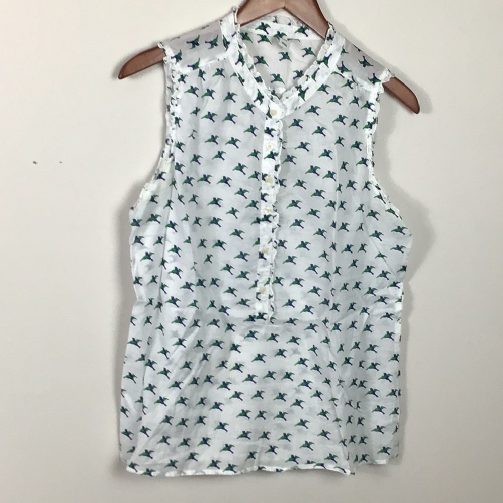 White Blue Green bird print lightweight cotton top